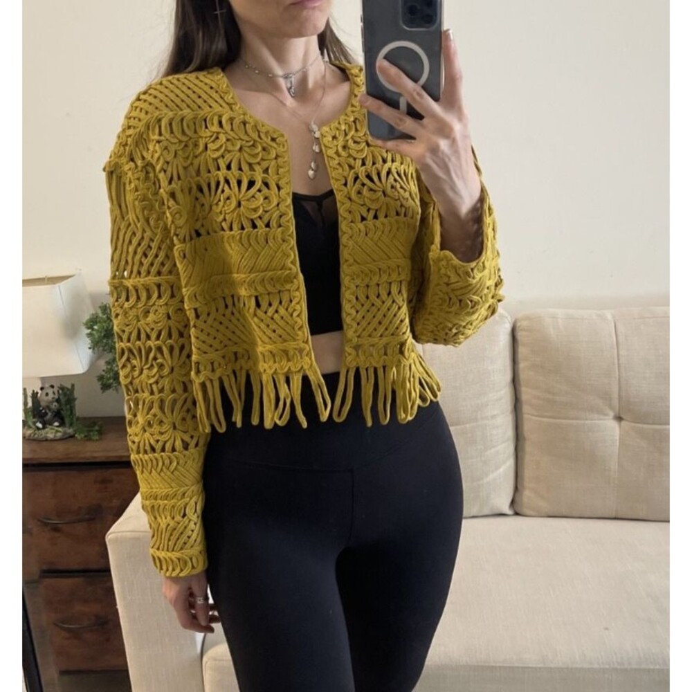 Zara Mustard Yellow Open Knit Crochet Fringe Cropped Cardigan Jacket Size S 100%